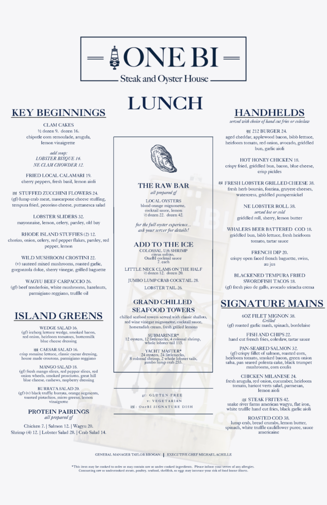 Oneh Menu OneBI Steak & Oyster House - The 212 Block Island